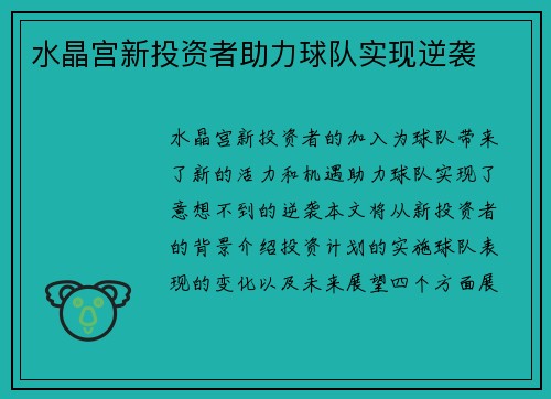 水晶宫新投资者助力球队实现逆袭